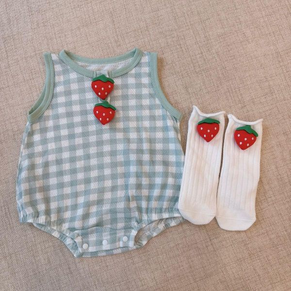 可愛草莓格紋棉質包屁衣 