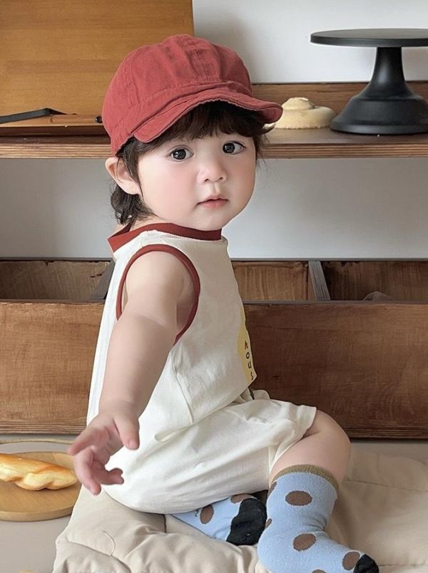 可愛餅乾印花拼色無袖背心連身裝 