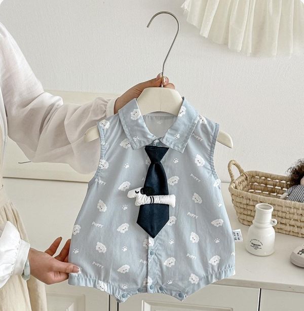 可愛狗狗印花領帶翻領連身裝 