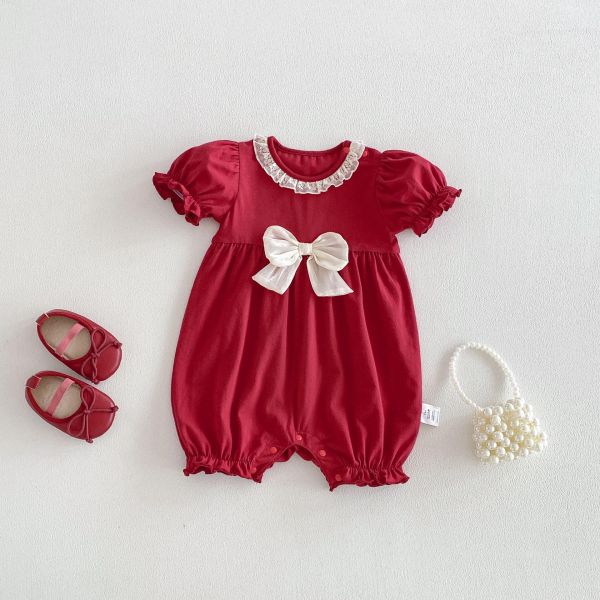 酒紅大蝴蝶結蕾絲領口連身裝 