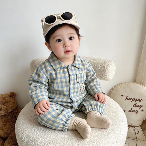 格紋小熊單口袋居家/外出連身裝 