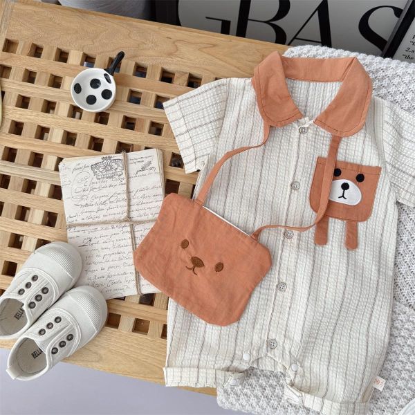 翻領小熊口袋豎條紋連身裝(含包) 