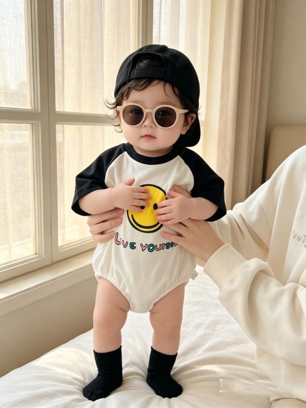 撞色拼袖可愛笑臉包屁衣 