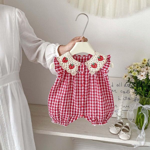 草莓刺繡翻領格紋連身裝 