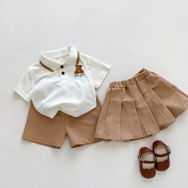 男女童小熊polo上衣+短褲/百褶裙 