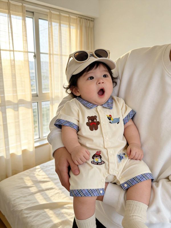 格紋翻領小熊刺繡開釦連身裝 