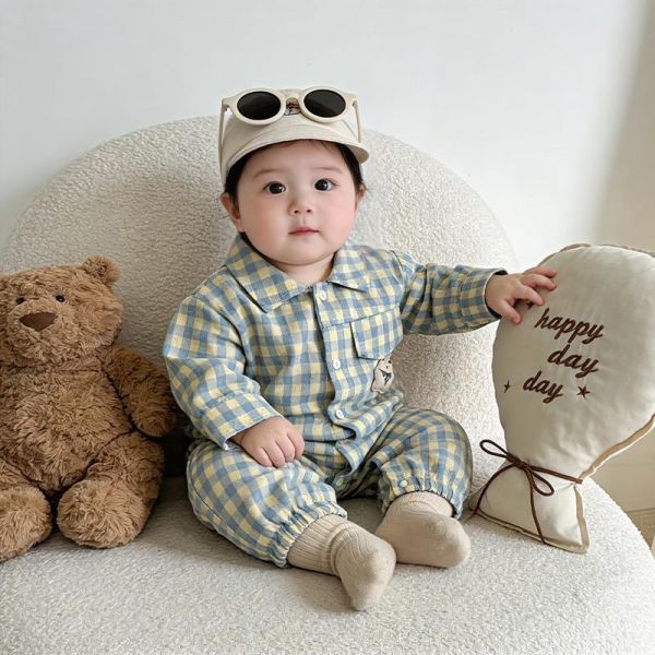 格紋小熊單口袋居家/外出連身裝 