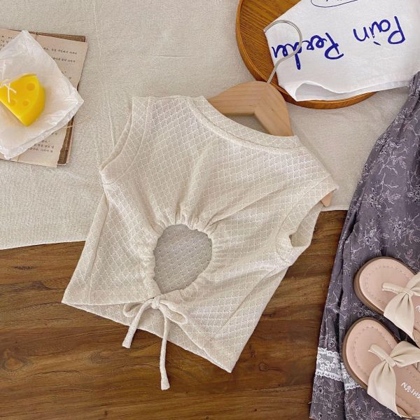 微露背綁繩透膚素色背心 