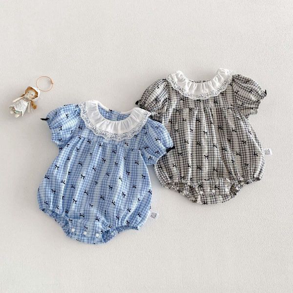 蝴蝶結格紋蕾絲花邊領包屁衣 