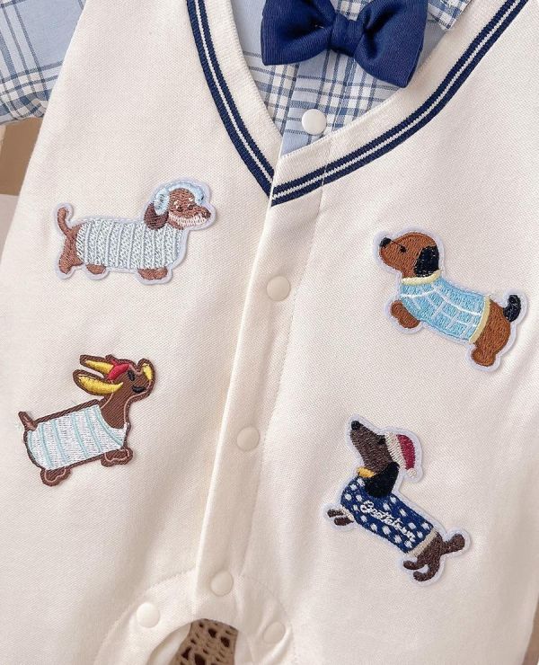 學院風狗狗刺繡假兩件領結連身裝 