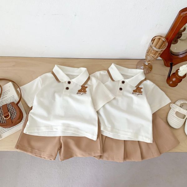 男女童小熊polo上衣+短褲/百褶裙 