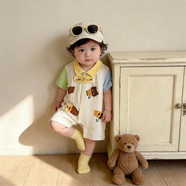 撞色翻領拼袖娃娃小獅子連身裝 