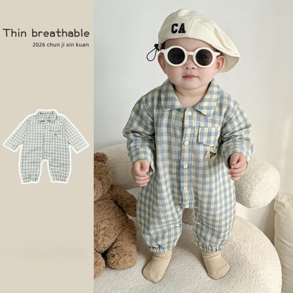 格紋小熊單口袋居家/外出連身裝 