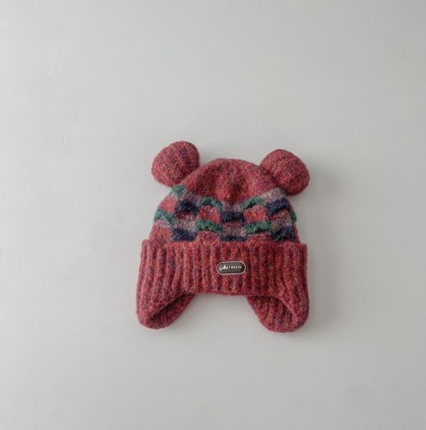 混織格紋雙毛球護耳毛帽 