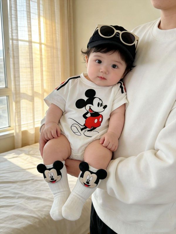 落肩雙槓米奇印花寬鬆包屁衣(贈襪)(2款) 