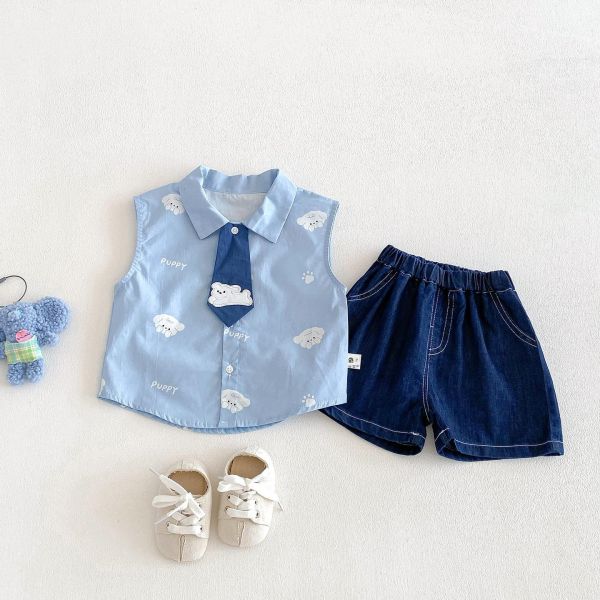 雲朵狗狗領帶背心襯衫/牛仔短褲 