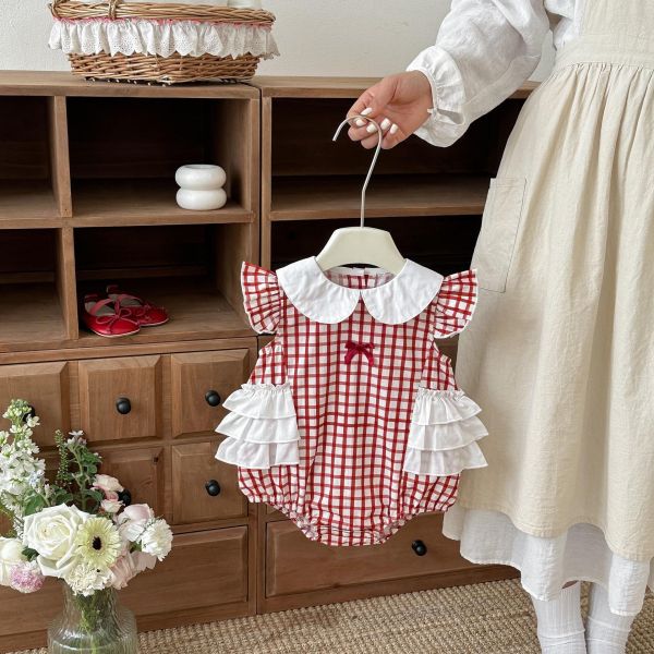宮廷風娃娃領格紋腰封包屁衣 