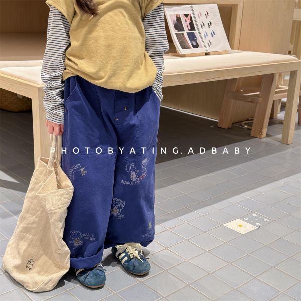 素色卡通塗鴉水洗棉休閒長褲(3色) 