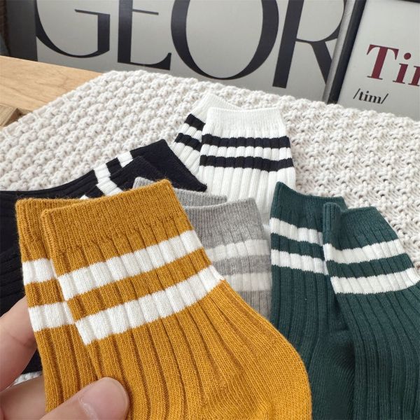 雙槓運動風休閒條紋中筒襪(一套五入) 