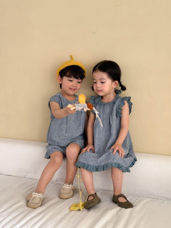 男女童刷舊水洗紋套裝/連身裙 