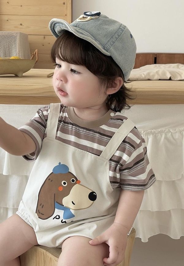 假兩件狗狗條紋吊帶包屁衣 