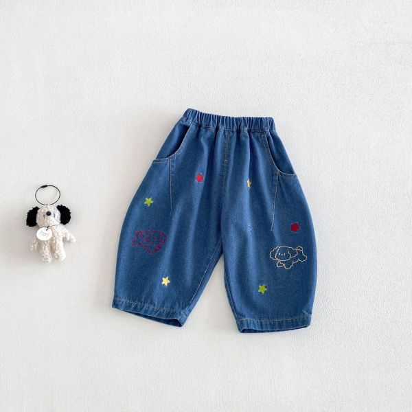 星星狗狗刺繡牛仔長褲 