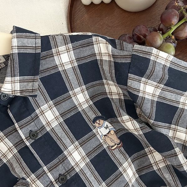 小熊刺繡經典格紋襯衫 