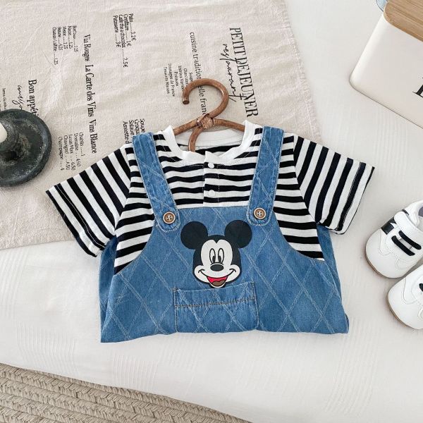 假兩件條紋牛仔米奇連身裝 