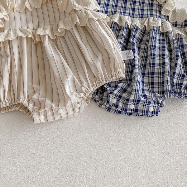 蕾絲拼接格紋/條紋背帶包屁衣 