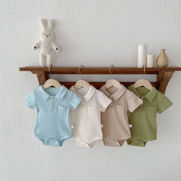 華夫格素色翻領開釦包屁衣 