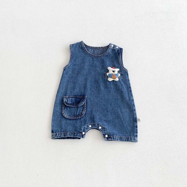 小熊布偶單口袋牛仔連身裝 