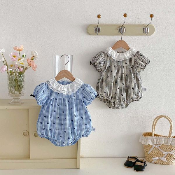 蝴蝶結格紋蕾絲花邊領包屁衣 