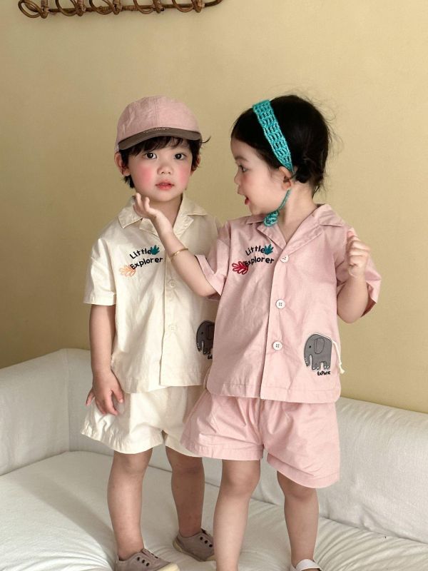 大象字母刺繡襯衫兩件式套裝 