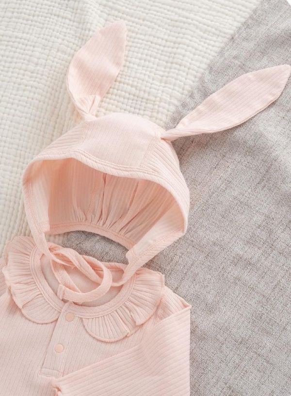 新生兒純棉素色包屁衣+兔耳帽 