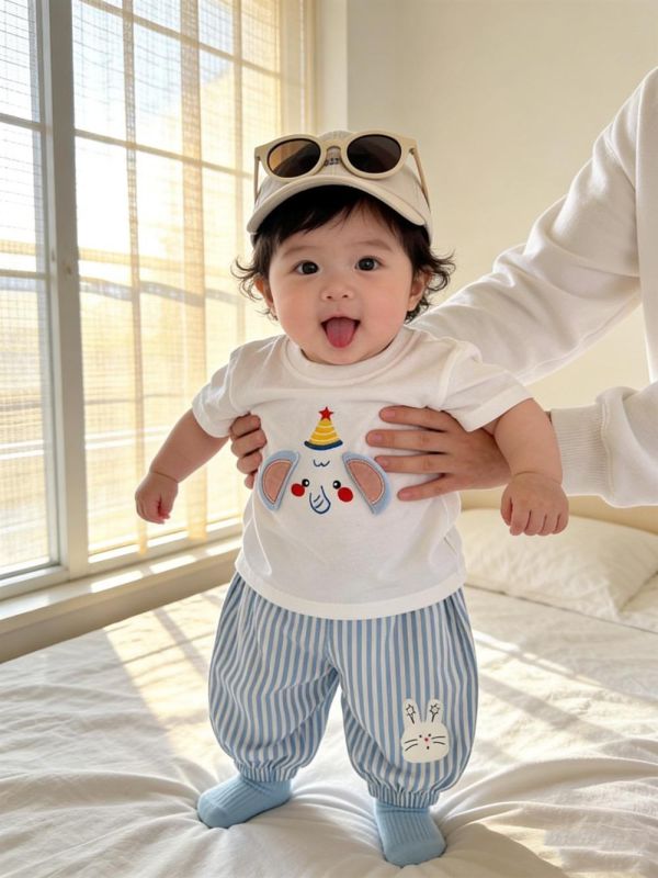 立體大象/汽車上衣+條紋長褲套裝 