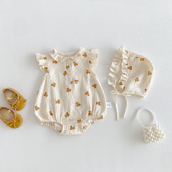 紗布棉透氣娃娃領小熊包屁衣+帽 