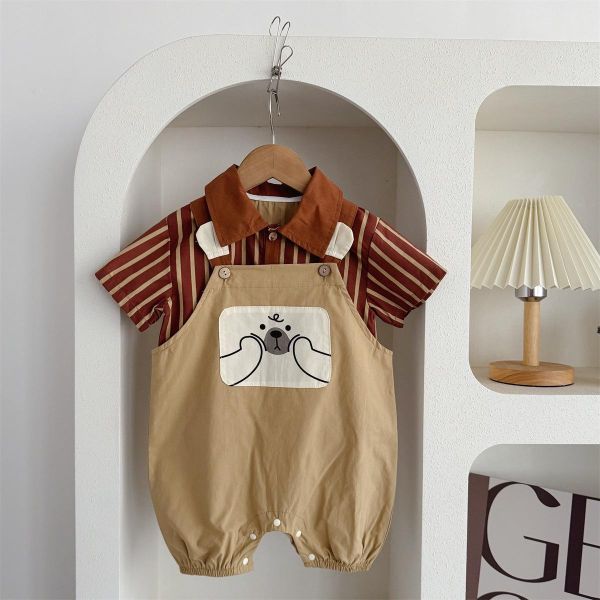 翻領條紋上衣+小熊布標吊帶褲套裝 