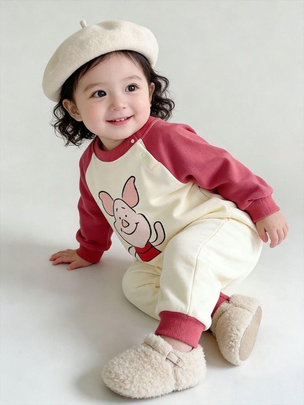 撞色拚袖粉紅小豬連身裝 