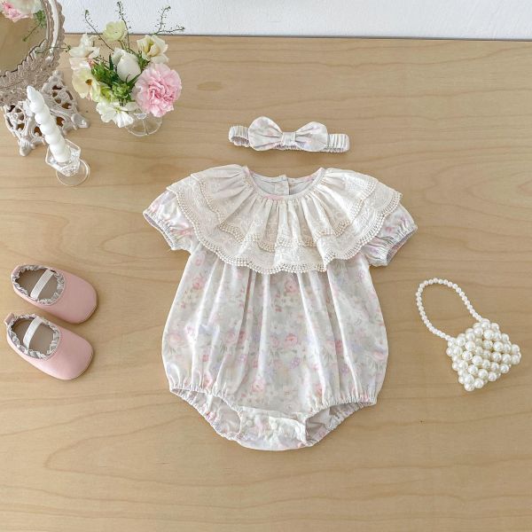 花邊大翻領碎花包屁衣+髮帶 