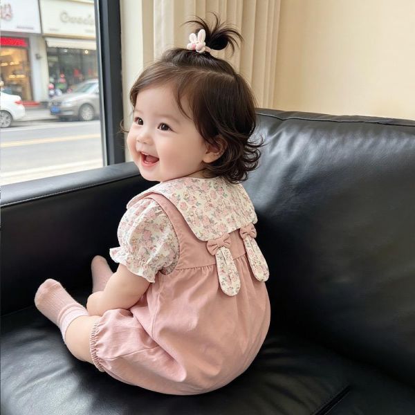 碎花兔耳上衣+粉嫩兔子連身褲套裝 