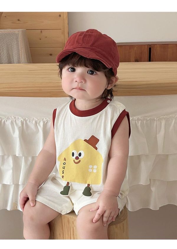 可愛餅乾印花拼色無袖背心連身裝 