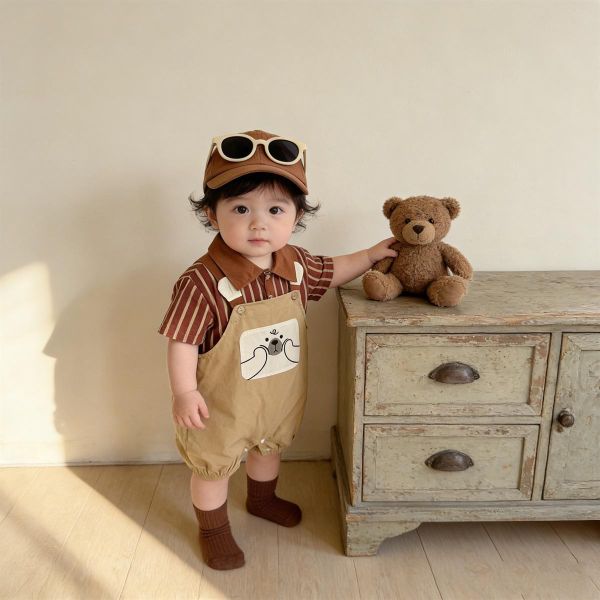 翻領條紋上衣+小熊布標吊帶褲套裝 