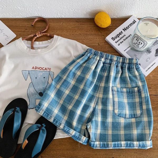 復古古著格紋五分短褲 