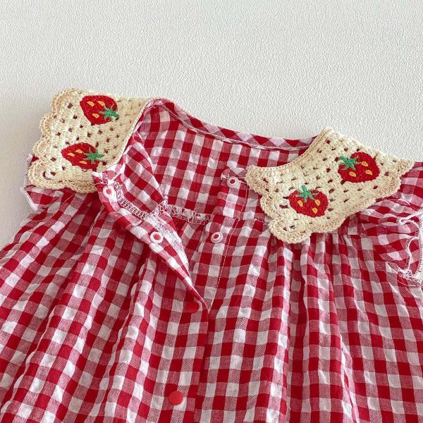 草莓刺繡翻領格紋連身裝 