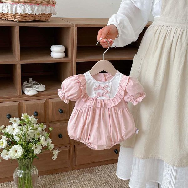 方領荷葉蝴蝶結澎袖包屁衣 