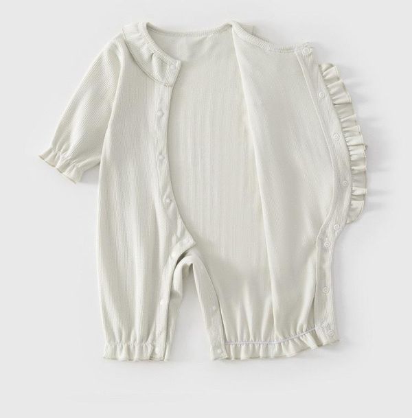 新生兒素色螺紋木耳領/蕾絲領連身裝(3色) 