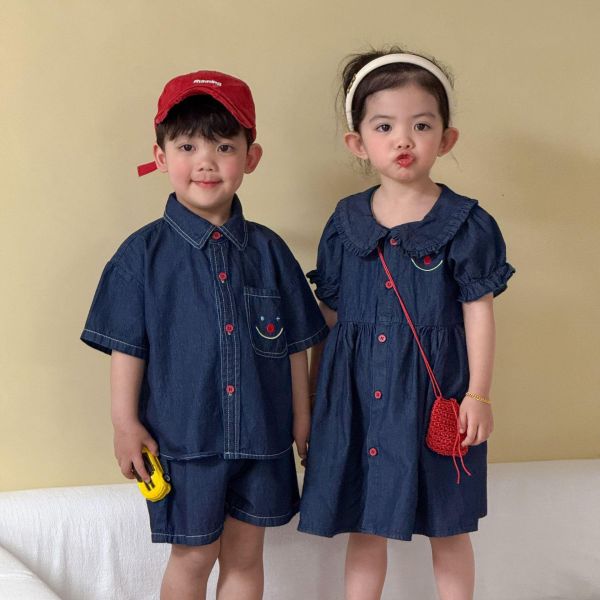 男女童笑臉牛仔襯衫布套裝/洋裝 