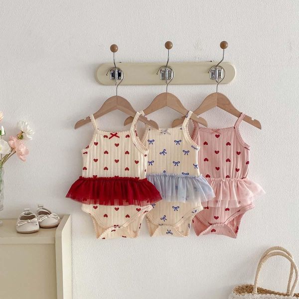 螺紋愛心/蝴蝶結網紗拼接包屁衣 