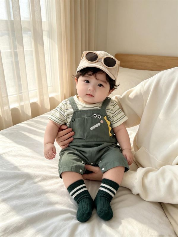 假兩件條紋恐龍吊帶連身裝 