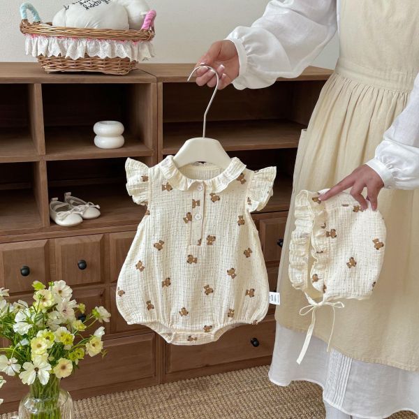 紗布棉透氣娃娃領小熊包屁衣+帽 